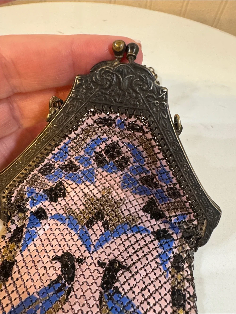 Antique Mandalian Mesh Enamel Flapper Purse Birds w/ Fringe